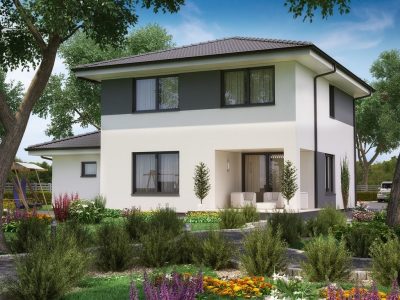 Proiect 98 — randare a casei: casă cu etaj, 4 dormitoare, garaj și terasă