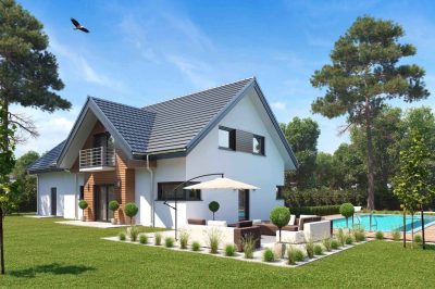 Proiect 99 — randare a casei: casă cu etaj, 4 dormitoare, piscină și garaj dublu