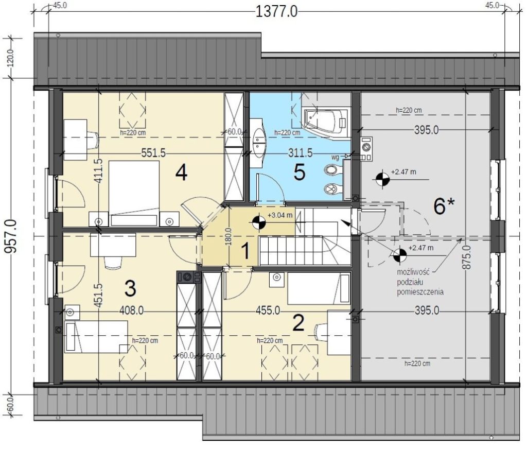 Proiect 100 — plan etaj: casă cu pod mansardat, 3 dormitoare, balcon și garaj