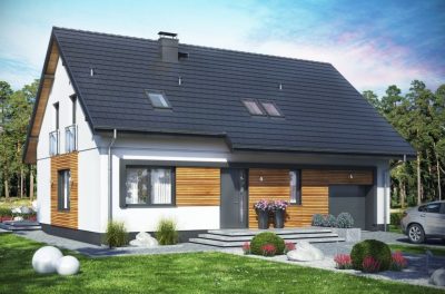 Proiect 100 — randare a casei: casă cu pod mansardat, 3 dormitoare, balcon și garaj