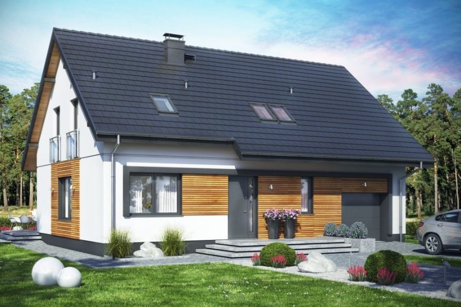 Proiect 100 — randare a casei: casă cu pod mansardat, 3 dormitoare, balcon și garaj