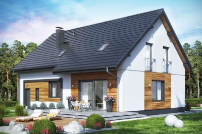 Proiect 100 — randare a casei: casă cu pod mansardat, 3 dormitoare, balcon și garaj
