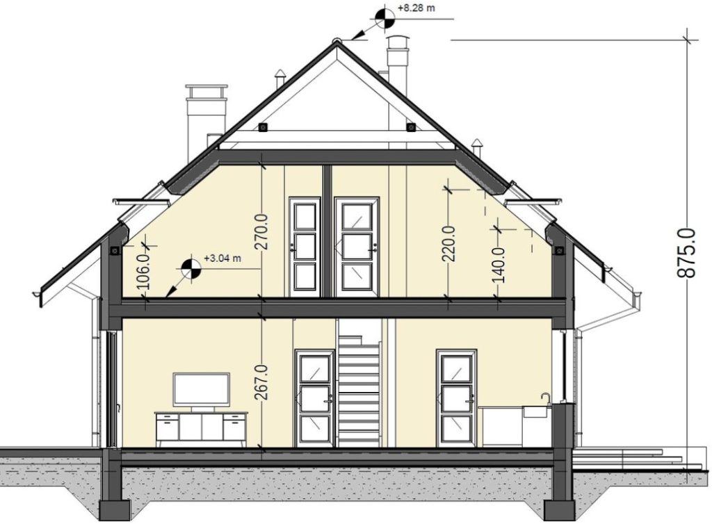 Proiect 100 — secțiune: casă cu pod mansardat, 3 dormitoare, balcon și garaj