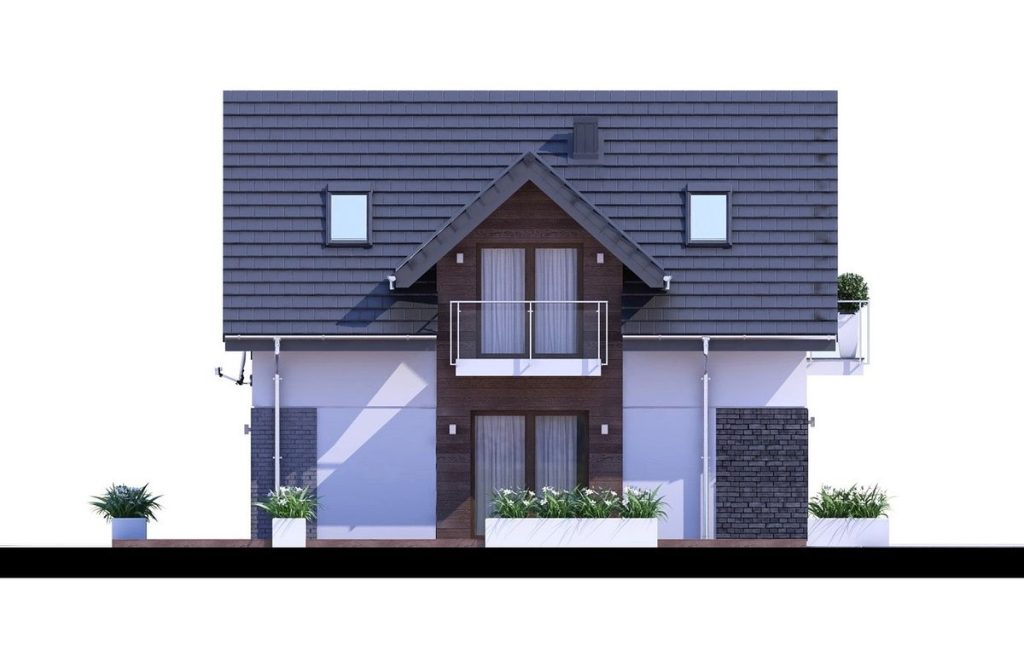 Proiect 101 — fațade: casă cu pod mansardat, 3 dormitoare, balcon și piscină