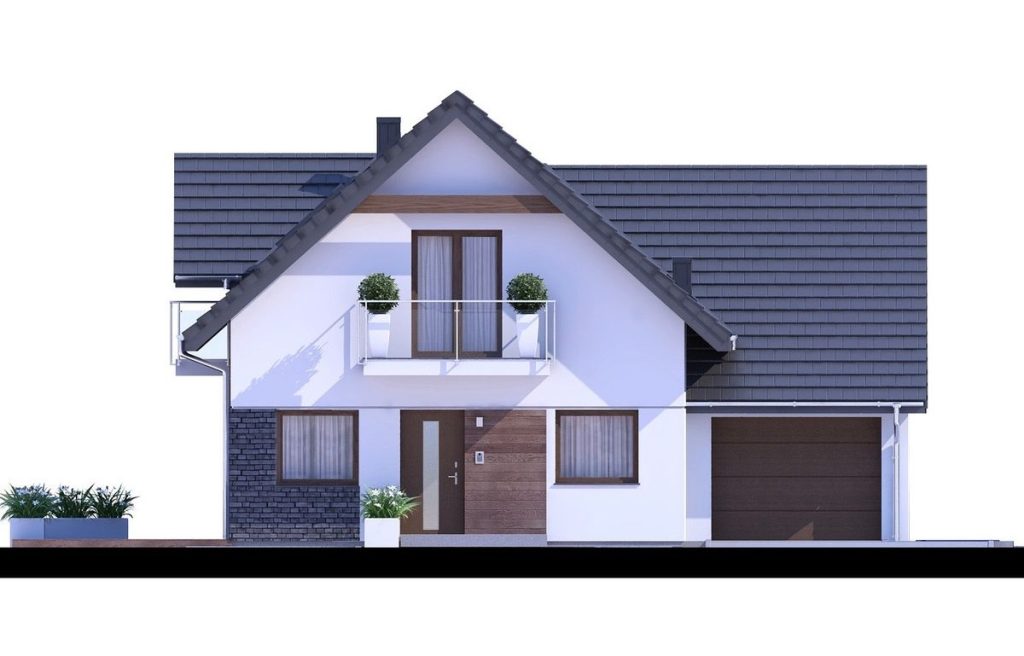 Proiect 101 — fațade: casă cu pod mansardat, 3 dormitoare, balcon și piscină