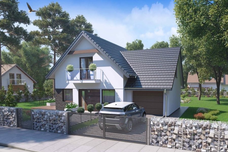 Proiect 101 — randare a casei: casă cu pod mansardat, 3 dormitoare, balcon și piscină
