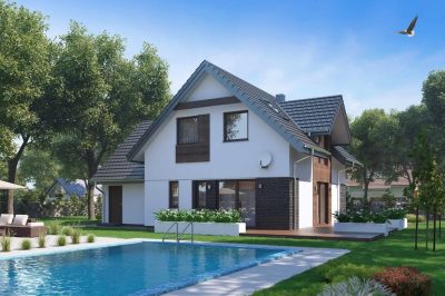 Proiect 101 — randare a casei: casă cu pod mansardat, 3 dormitoare, balcon și piscină