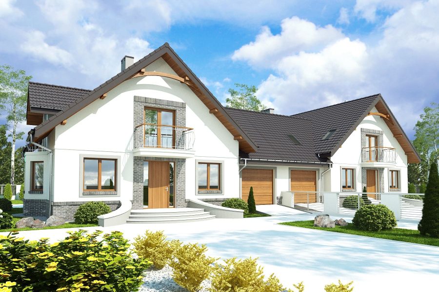 Proiect 102 — randare a casei: casă duplex clasică cu etaj, 4 dormitoare și balcon