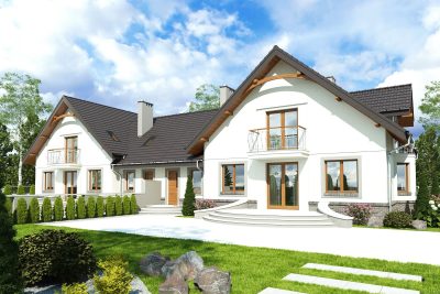 Proiect 102 — randare a casei: casă duplex clasică cu etaj, 4 dormitoare și balcon