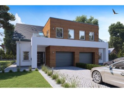 Proiect 103 — randare a casei: casă duplex modernă cu etaj, 3 dormitoare și două garaje