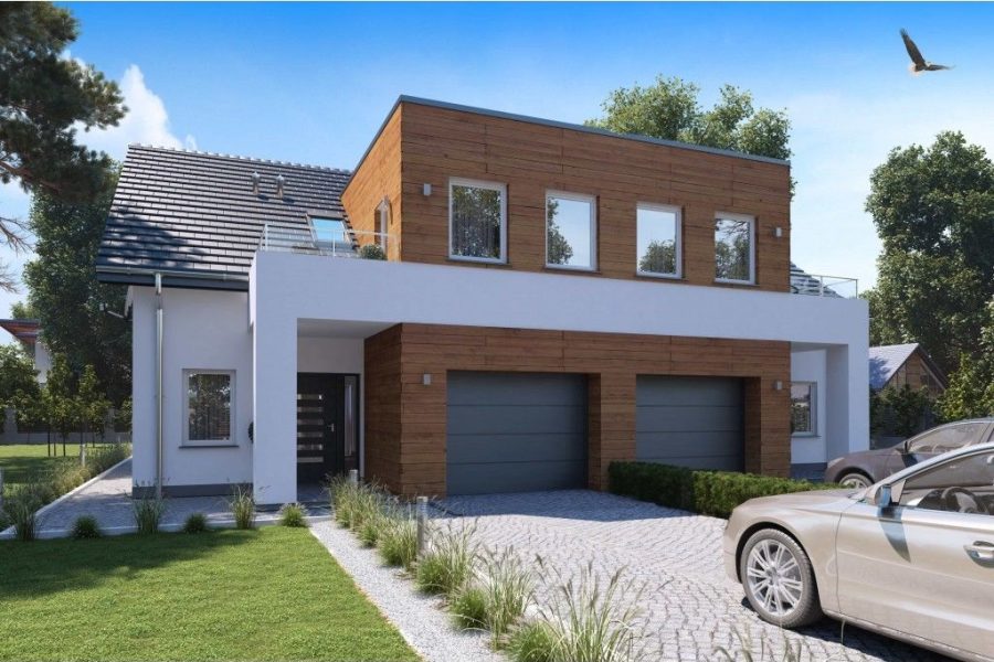 Proiect 103 — randare a casei: casă duplex modernă cu etaj, 3 dormitoare și două garaje