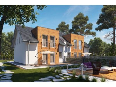 Proiect 103 — randare a casei: casă duplex modernă cu etaj, 3 dormitoare și două garaje