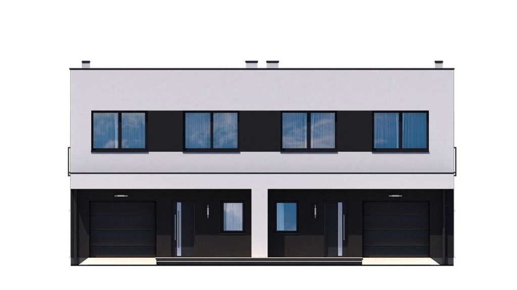 Proiect 104 — fațade: casă duplex modernă cu etaj, 3 dormitoare și parcare