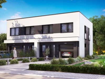 Proiect 104 — randare a casei: casă duplex modernă cu etaj, 3 dormitoare și parcare