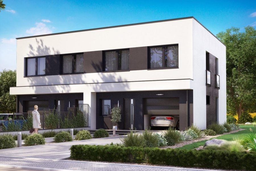 Proiect 104 — randare a casei: casă duplex modernă cu etaj, 3 dormitoare și parcare