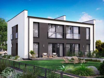 Proiect 104 — randare a casei: casă duplex modernă cu etaj, 3 dormitoare și parcare