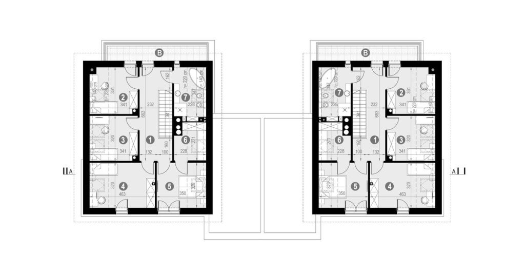 Proiect 105 — plan etaj: casă duplex modernă cu etaj, 3 dormitoare și terasă