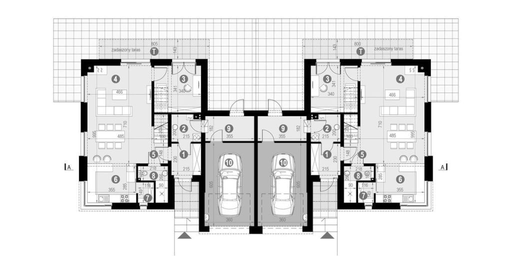 Proiect 105 — plan parter: casă duplex modernă cu etaj, 3 dormitoare și terasă