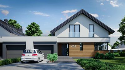 Proiect 105 — randare a casei: casă duplex modernă cu etaj, 3 dormitoare și terasă