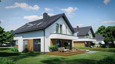 Proiect 105 — randare a casei: casă duplex modernă cu etaj, 3 dormitoare și terasă