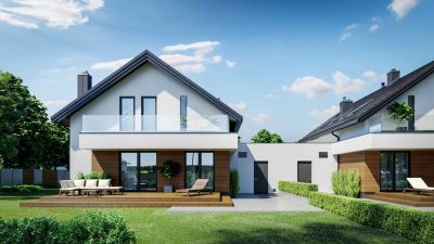 Proiect 105 — randare a casei: casă duplex modernă cu etaj, 3 dormitoare și terasă