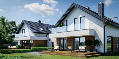 Proiect 105 — randare a casei: casă duplex modernă cu etaj, 3 dormitoare și terasă