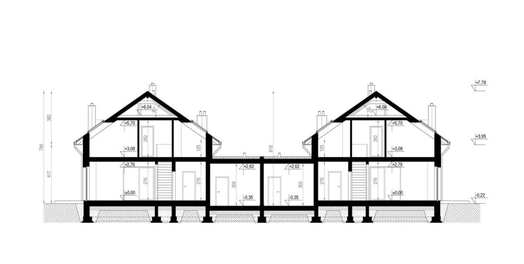 Proiect 105 — secțiune: casă duplex modernă cu etaj, 3 dormitoare și terasă
