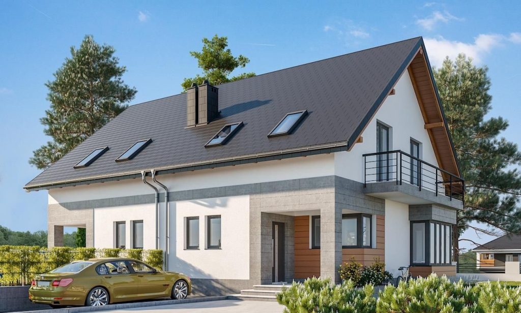 Proiect 106 — fațade: casă duplex modernă cu etaj, 4 dormitoare și balcon