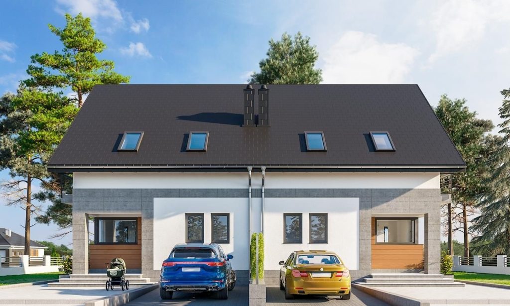 Proiect 106 — fațade: casă duplex modernă cu etaj, 4 dormitoare și balcon