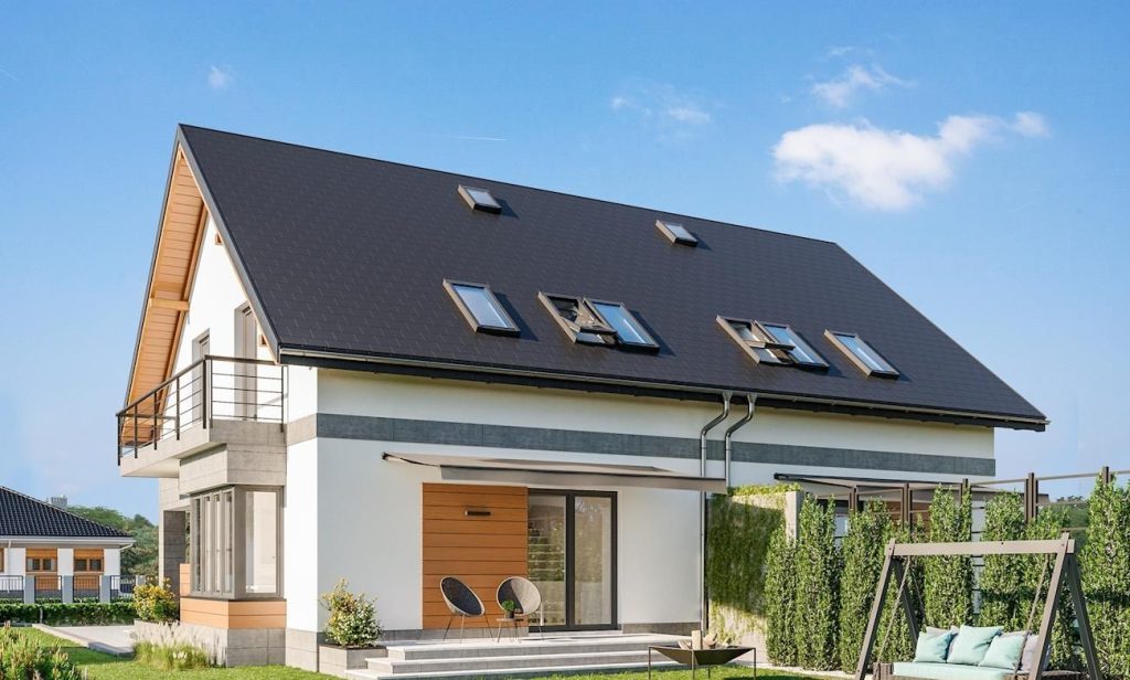 Proiect 106 — fațade: casă duplex modernă cu etaj, 4 dormitoare și balcon