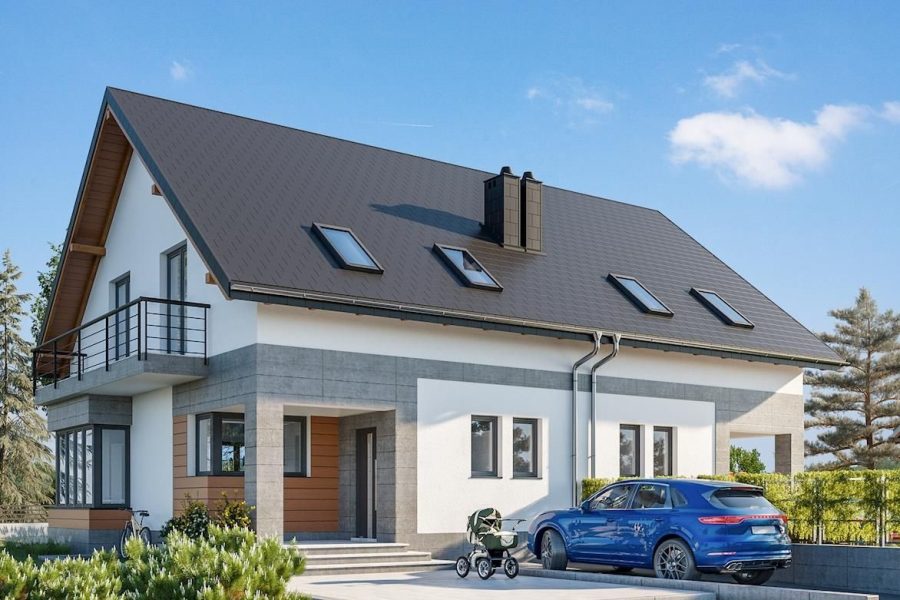 Proiect 106 — randare a casei: casă duplex modernă cu etaj, 4 dormitoare și balcon