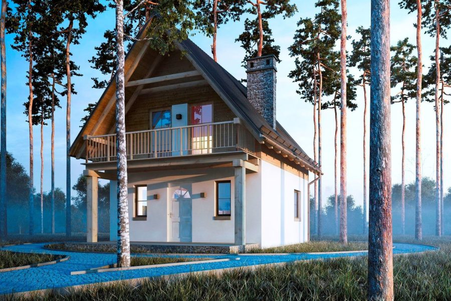 Proiect 107 — randare a casei: casă mică clasică cu mansardă, 2 dormitoare și terasă