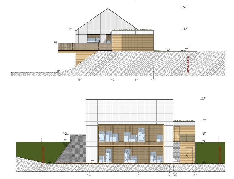 Proiect 108 — fațade: casă modernă albă cu etaj, 4 dormitoare și garaj
