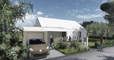 Proiect 108 — randare a casei: casă modernă albă cu etaj, 4 dormitoare și garaj