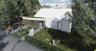 Proiect 108 — randare a casei: casă modernă albă cu etaj, 4 dormitoare și garaj