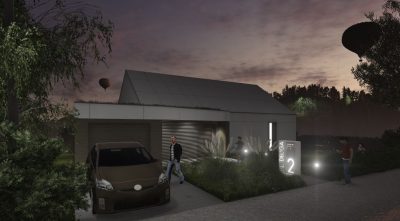 Proiect 108 — randare a casei: casă modernă albă cu etaj, 4 dormitoare și garaj