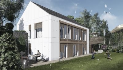 Proiect 108 — randare a casei: casă modernă albă cu etaj, 4 dormitoare și garaj