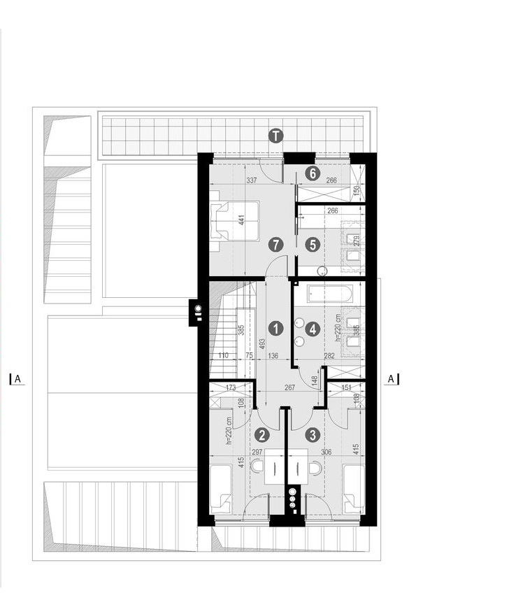 Proiect 109 — plan etaj: casă modernă cu două niveluri, 4 dormitoare, garaj dublu și living open-space