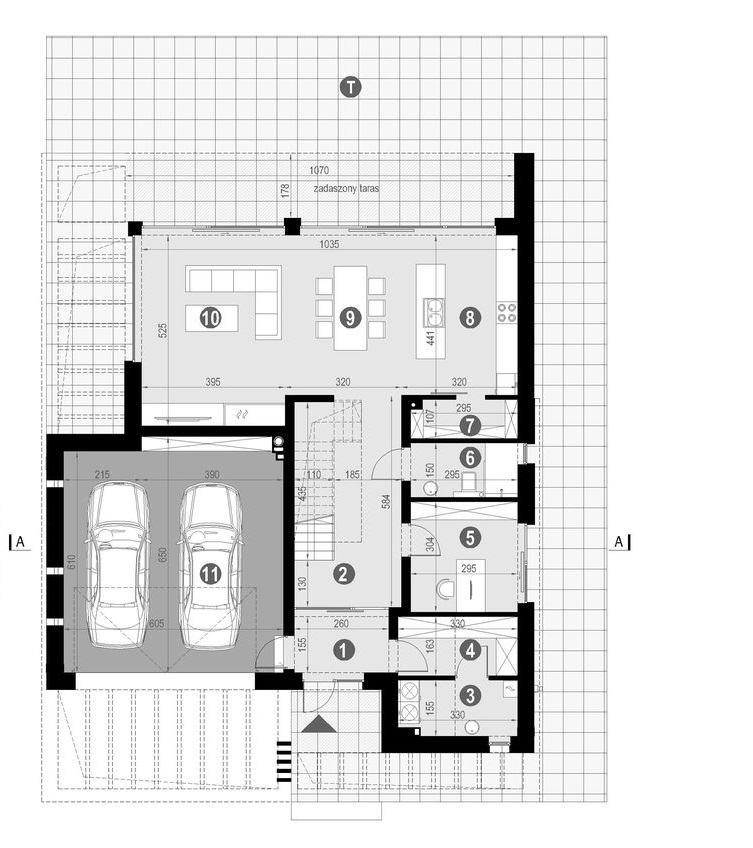 Proiect 109 — plan parter: casă modernă cu două niveluri, 4 dormitoare, garaj dublu și living open-space