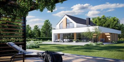 Proiect 109 — randare a casei: casă modernă cu două niveluri, 4 dormitoare, garaj dublu și living open-space
