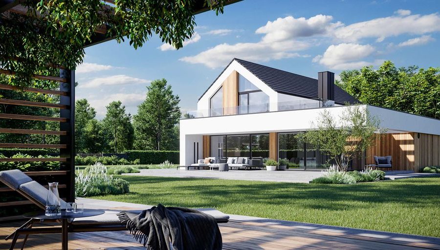 Proiect 109 — randare a casei: casă modernă cu două niveluri, 4 dormitoare, garaj dublu și living open-space