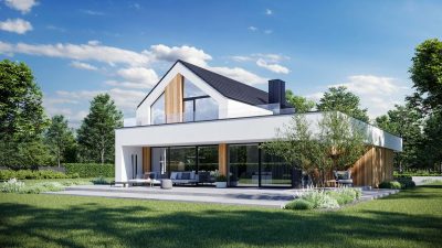 Proiect 109 — randare a casei: casă modernă cu două niveluri, 4 dormitoare, garaj dublu și living open-space