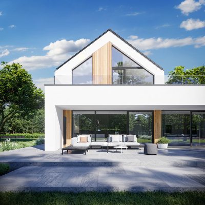 Proiect 109 — randare a casei: casă modernă cu două niveluri, 4 dormitoare, garaj dublu și living open-space