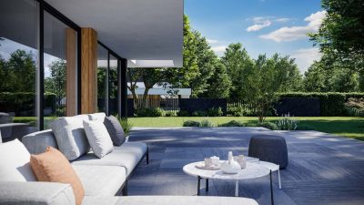 Proiect 109 — randare a casei: casă modernă cu două niveluri, 4 dormitoare, garaj dublu și living open-space