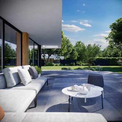 Proiect 109 — randare a casei: casă modernă cu două niveluri, 4 dormitoare, garaj dublu și living open-space