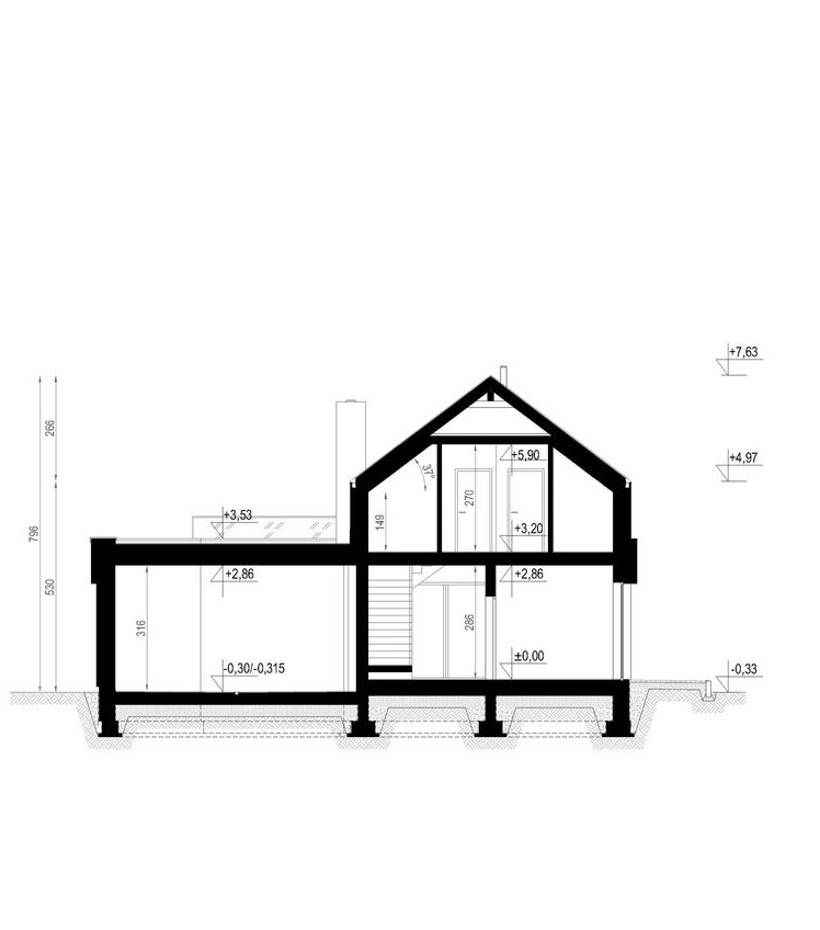 Proiect 109 — secțiune: casă modernă cu două niveluri, 4 dormitoare, garaj dublu și living open-space