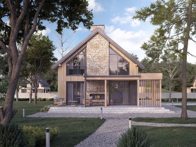 Proiect 110 — randare a casei: casă modernă cu etaj, 3 dormitoare, carport și terasă