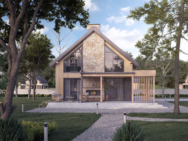 Proiect 110 — randare a casei: casă modernă cu etaj, 3 dormitoare, carport și terasă