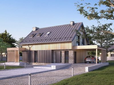Proiect 110 — randare a casei: casă modernă cu etaj, 3 dormitoare, carport și terasă