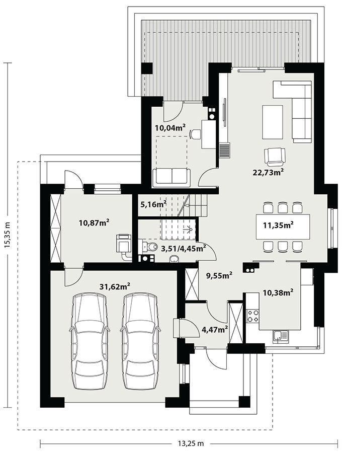 Proiect 111 — plan parter: casă modernă cu etaj, 3 dormitoare, garaj dublu și terasă